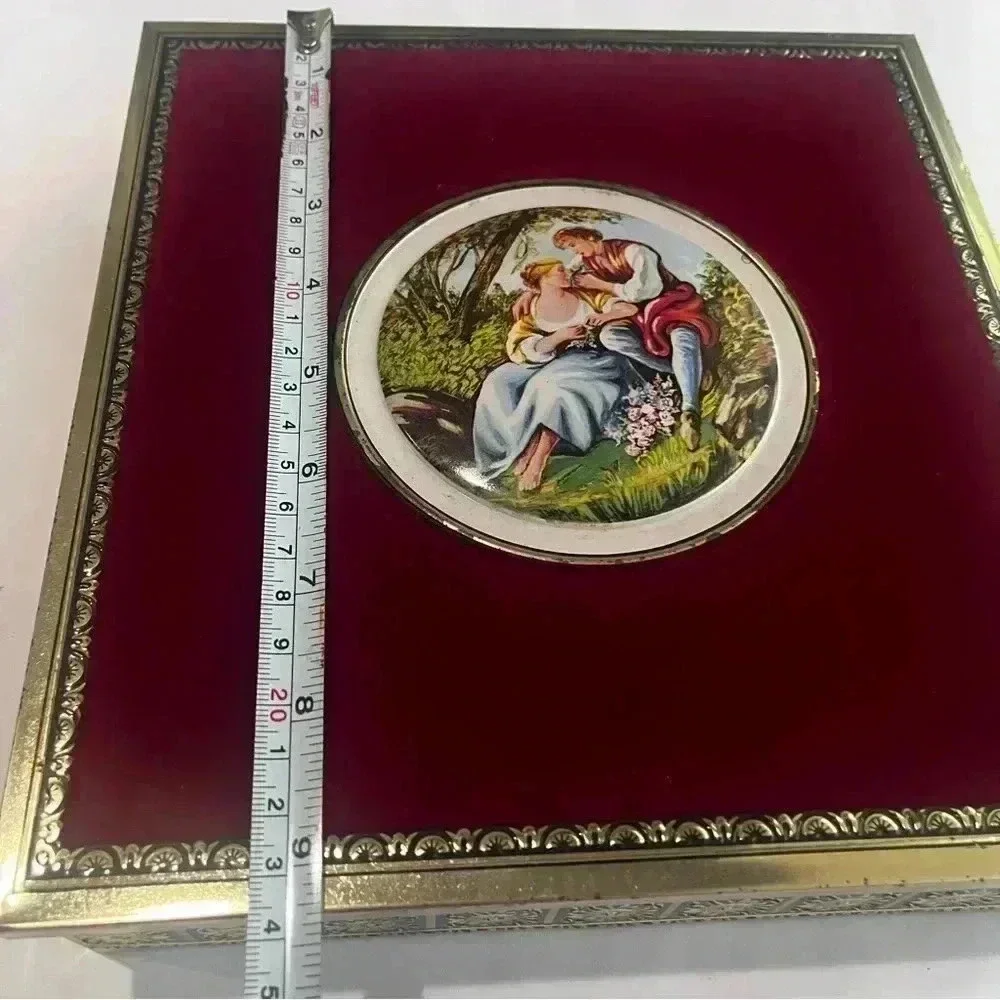 Vintage Western Germany Ornate Sweetheart Lovers Velvet Tin Box Container silver